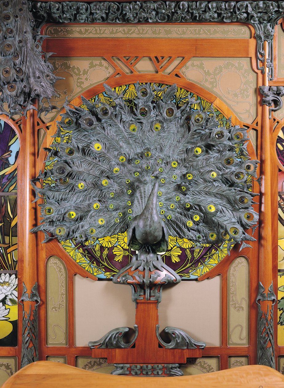 En påfugl, fra det centrale panel af et vægmaleri fra Fouquet-juvelererne i Paris, 1901 (bronze og træ) af Alphonse Mucha