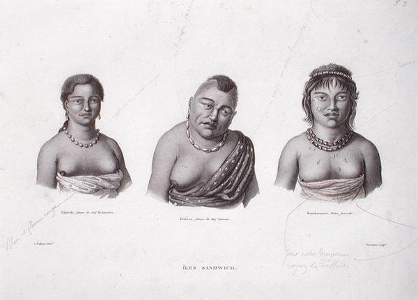 Hustruer til Hawaii-høvdingene fra Sandwichøerne, ca. 1824 (gravering) af Alphonse (after) Pellion