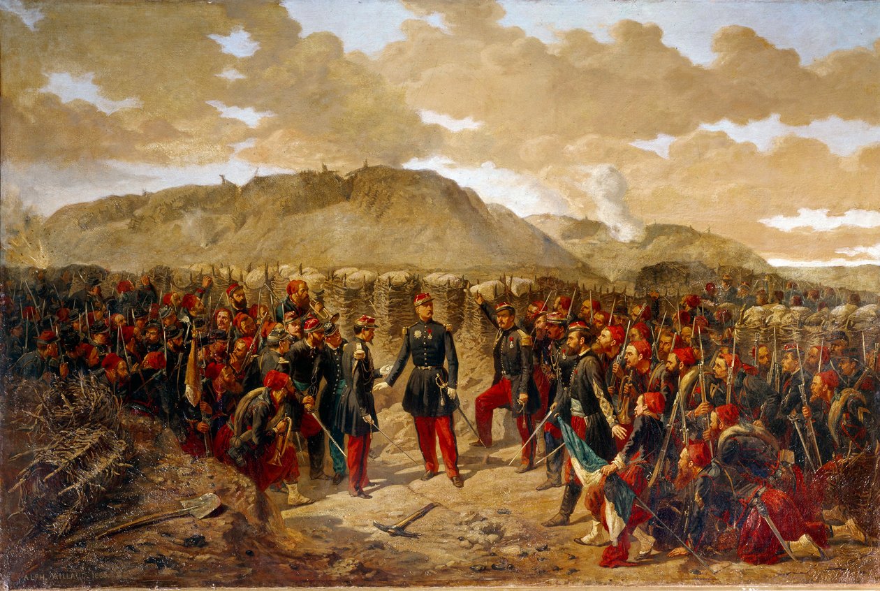 Krimkrigen (1853-1856): "" Mac-Mahon og de første zouaver til Malakoff, 8/09/1855"" General Mac Mahon (1808-1898) gav sine sidste instruktioner til oberst oberst Collineaus første zouaver før erobringen af Malakoff Redoubt. Maleri af Alphonse Aill af Alphonse Antoine Aillaud