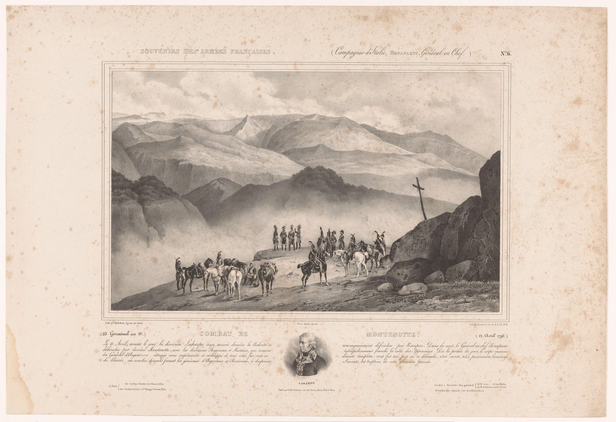 Soldater på tærsklen til slaget ved Montenotte og portræt af Amédée Emmanuel François Laharpe Combat de Montenotte (12. april 1796) (titel på objekt) Erindringer om den franske hær (serietitel) Souvenirs des armées françaises (Campaigns d