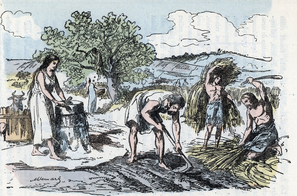 Esihistorian arkielämää: maataloustyön kohtaus raudan aikakaudella Kaiverrus kirjasta "" La nature et l