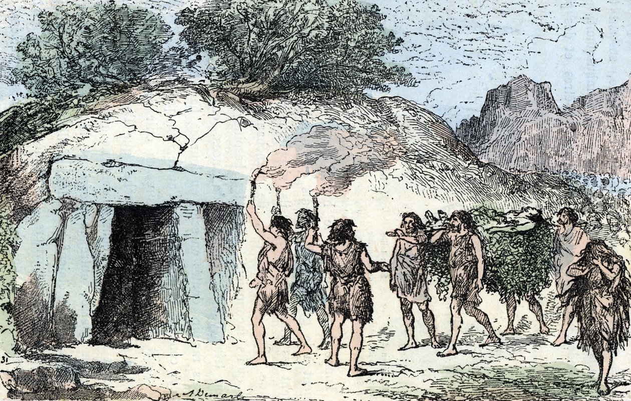 Esihistoria, neoliittinen; ceremony funebre (Esihistoria, neoliittinen: hautajaisseremonia) Kaiverrus "" Luonto ja ihminen"" by Renegade 1881 Yksityinen kokoelma af Alphonse Demarle
