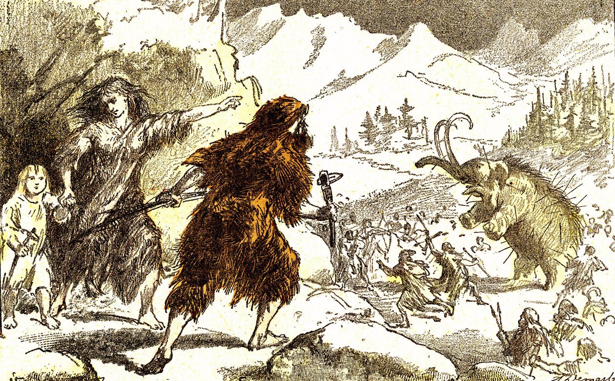 Forhistorie-mammutjagt. Isperiode: Naturlig skabelse og levende væsener. Tegning af A. Demarle. 1885 af Alphonse Demarle