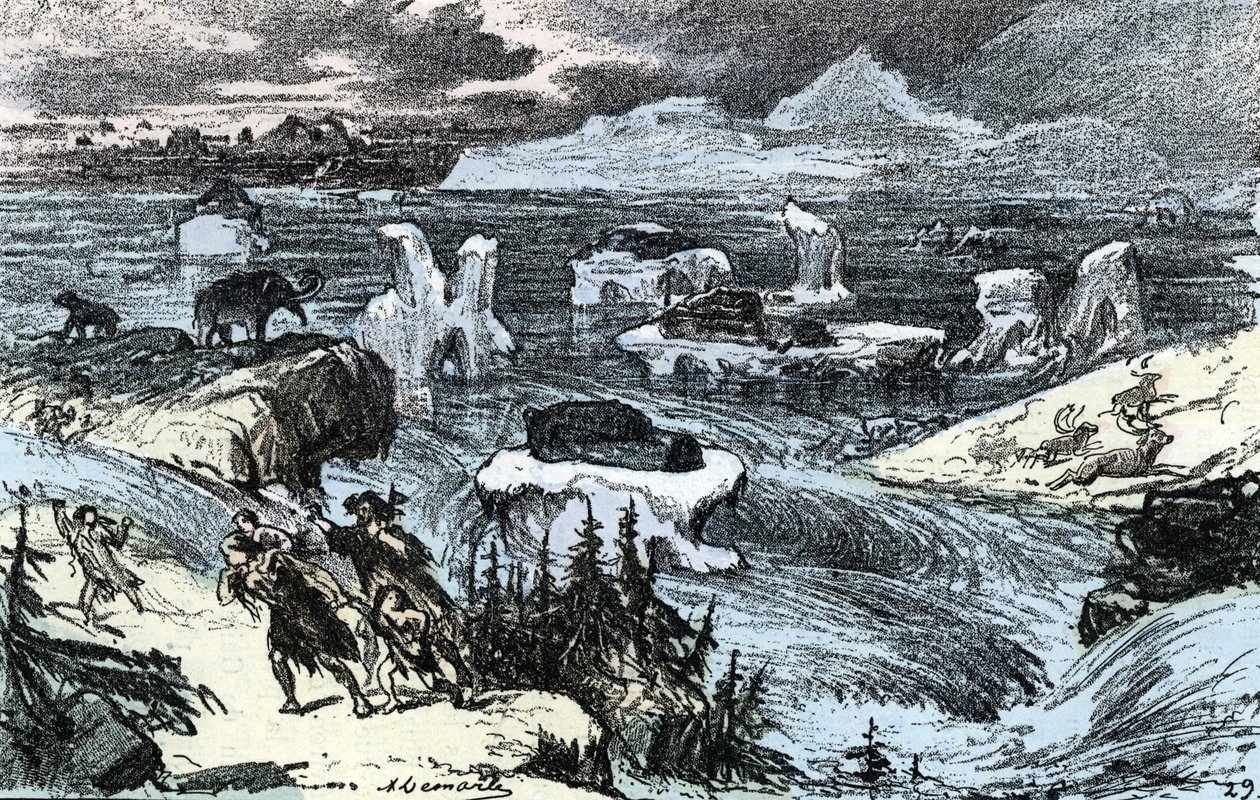 Forhistorie; oversvømmelse i Centraleuropa i slutningen af istiden Stik fra "" Natur og Menneske" af Rengade 1881 Privat samling af Alphonse Demarle