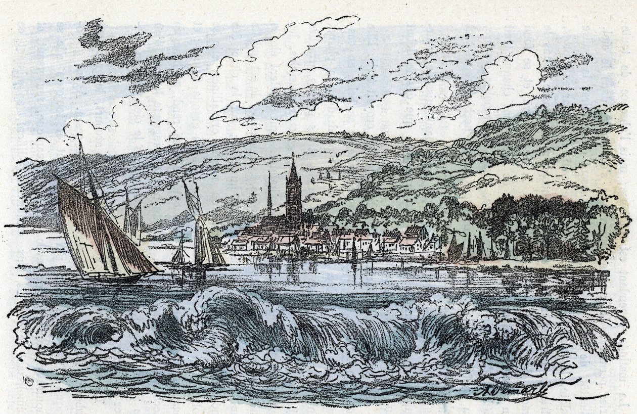 Udsigt over tidevandsboringen af ​​Seinen til Caudebec-en-Caux (Caudebec en Caux) i Seine Maritime, Normandiet (tidevandsboringen af ​​Seine-floden a Caudebec en Caux, Normandiet) Indgravering fra "" La nature et l