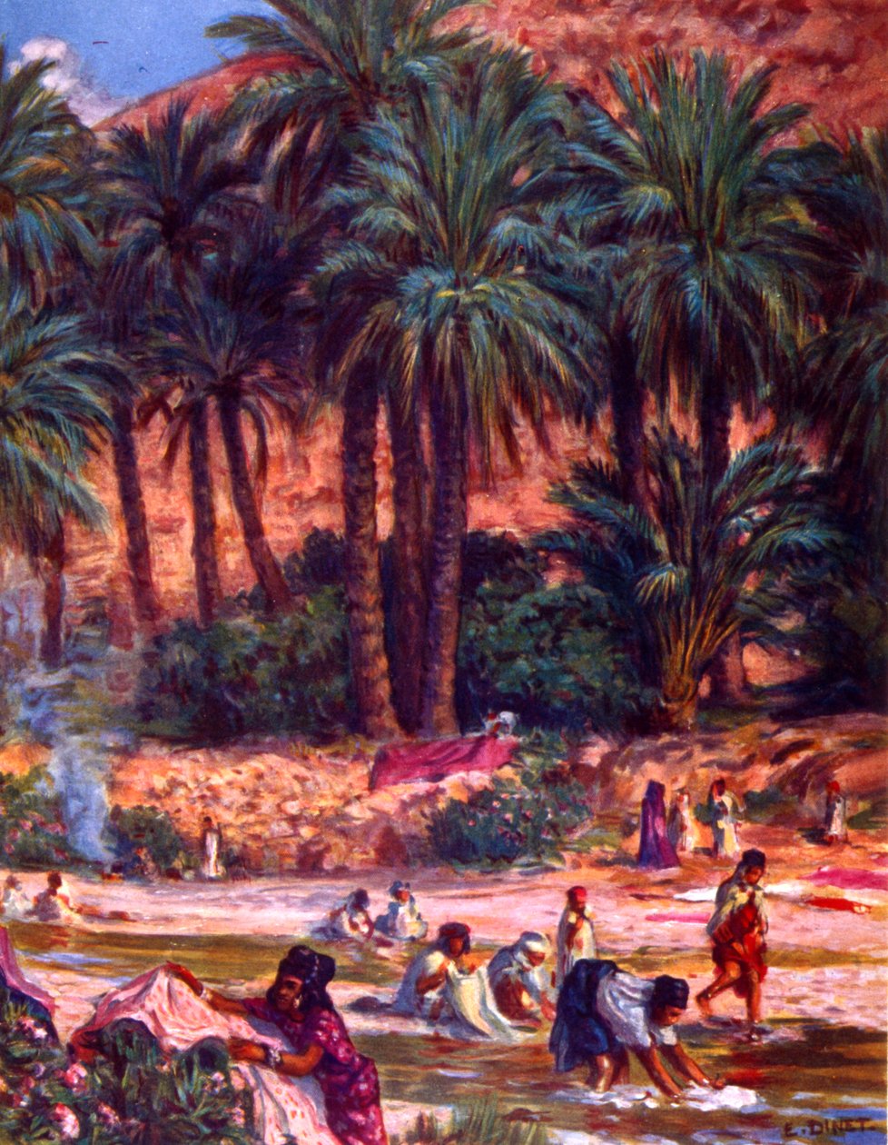 Gruppe af arabiske nomadekvinder vasker tøj ved en oase i ørkenen. af Nasreddine Dinet (Alphonse-Étienne Dinet). 1861 1929. en fransk orientalistisk maler 1918 af Alphonse Etienne Dinet