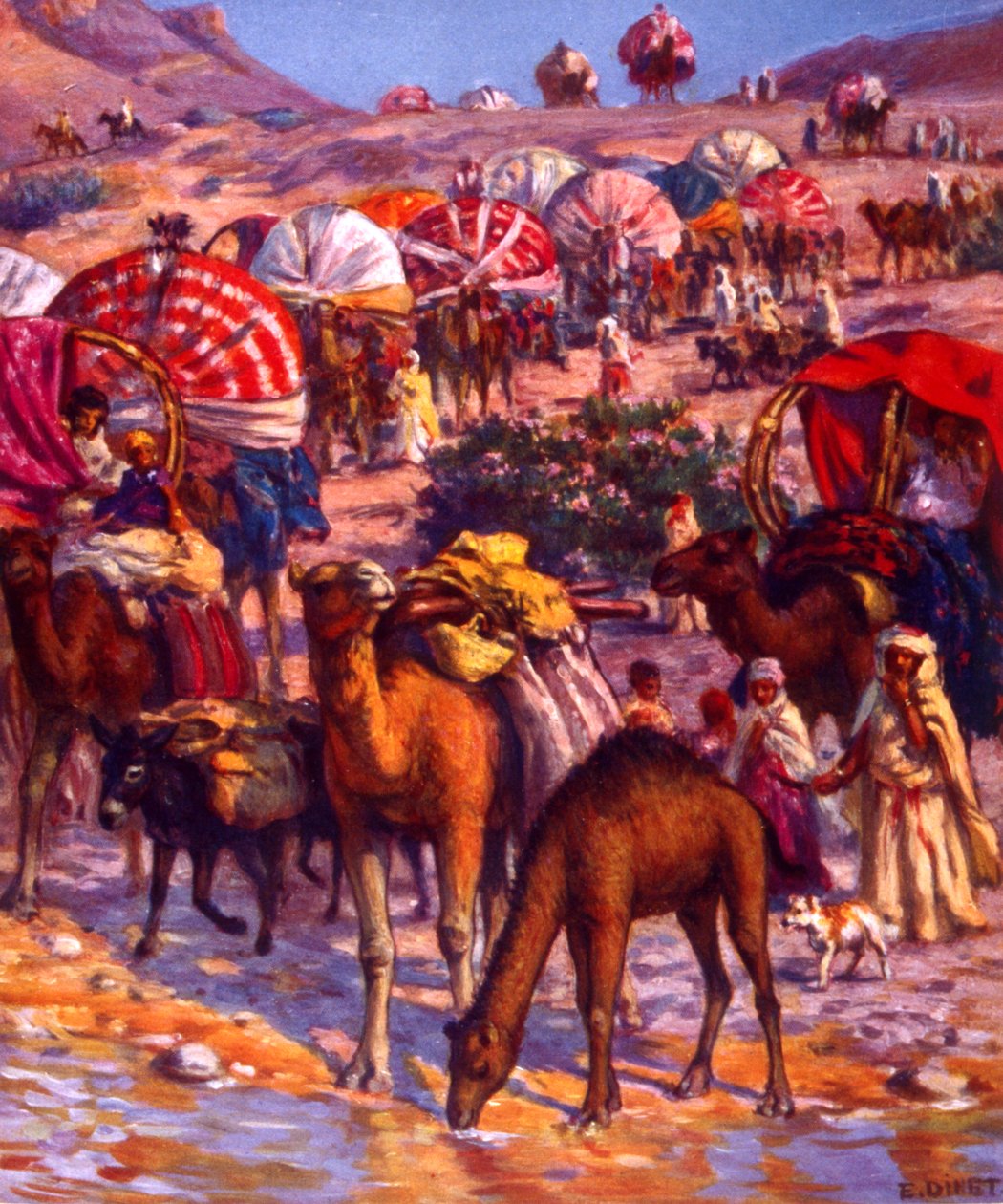 Gruppe af arabiske nomader i ørkenen. af Nasreddine Dinet (Alphonse-Étienne Dinet). 1861 1929. en fransk orientalistisk maler 1918 af Alphonse Etienne Dinet