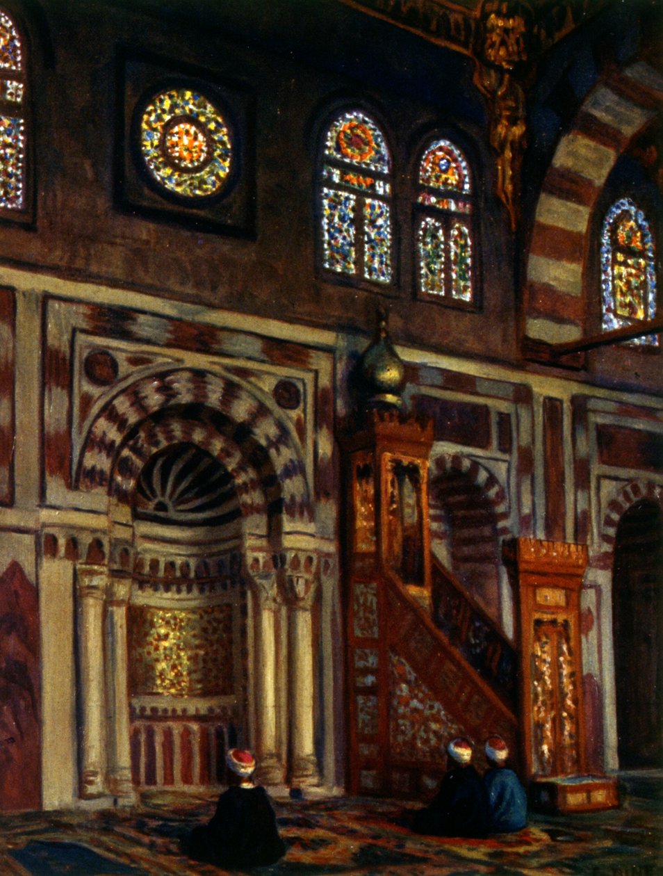 Interiør af en moské med en Mihrab. af Nasreddine Dinet (Alphonse-Étienne Dinet). 1861 1929. en fransk orientalistisk maler 1918 af Alphonse Etienne Dinet