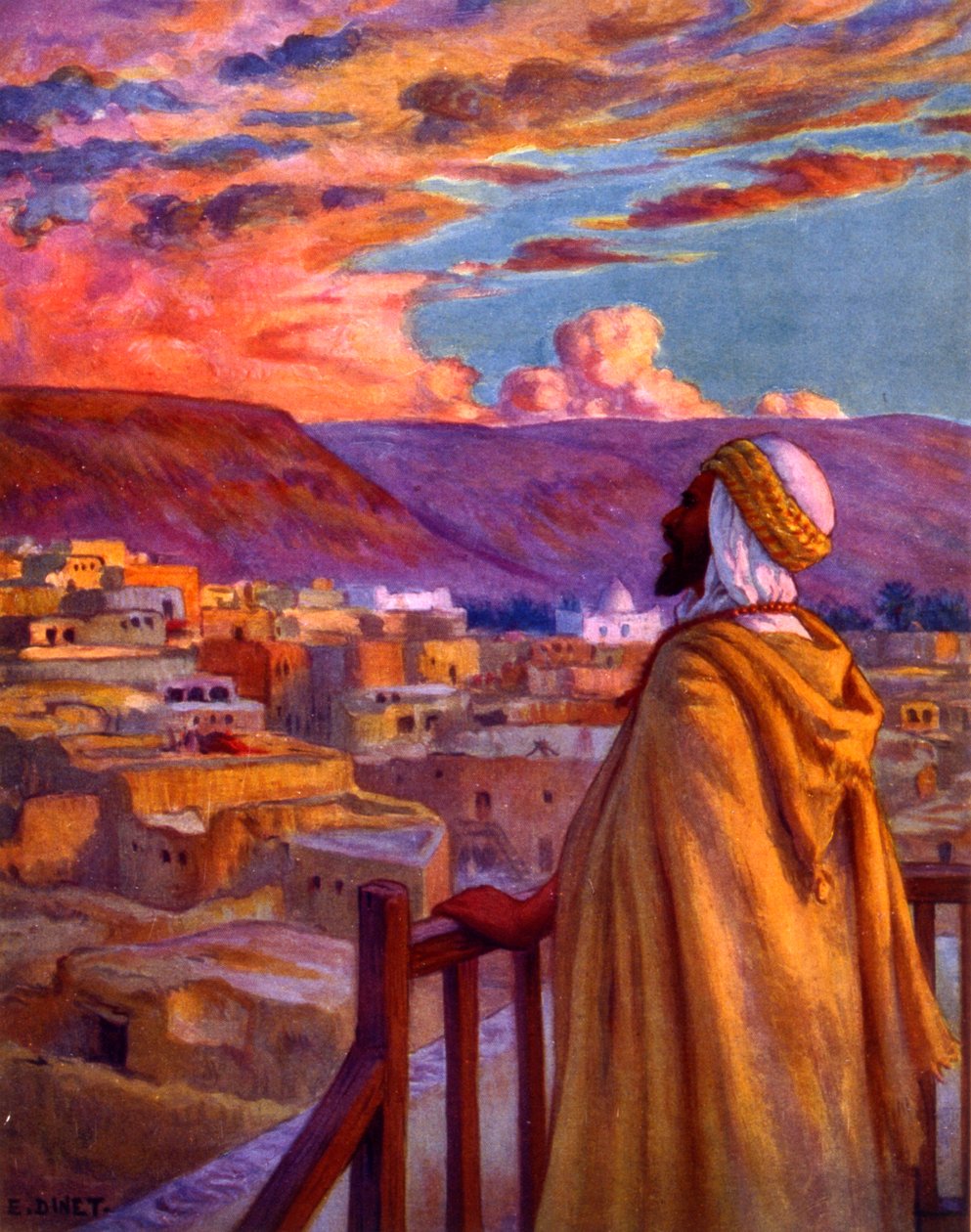 Muezzin kalder de troende til bøn i en landsby i ørkenen. af Nasreddine Dinet (Alphonse-Étienne Dinet). 1861 1929. en fransk orientalistisk maler 1918 af Alphonse Etienne Dinet