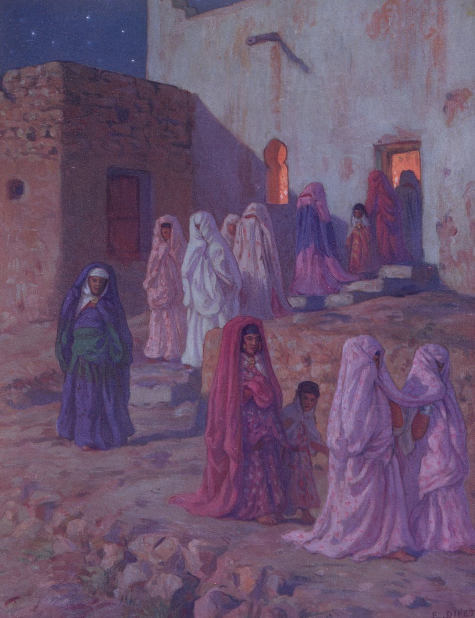 Muslimer, der forlader landsbymoskeen på aftenen for Mouled, illustration fra en historie om profeten Muhammeds liv, offentliggjort i Paris i 1918 af Alphonse Etienne Dinet
