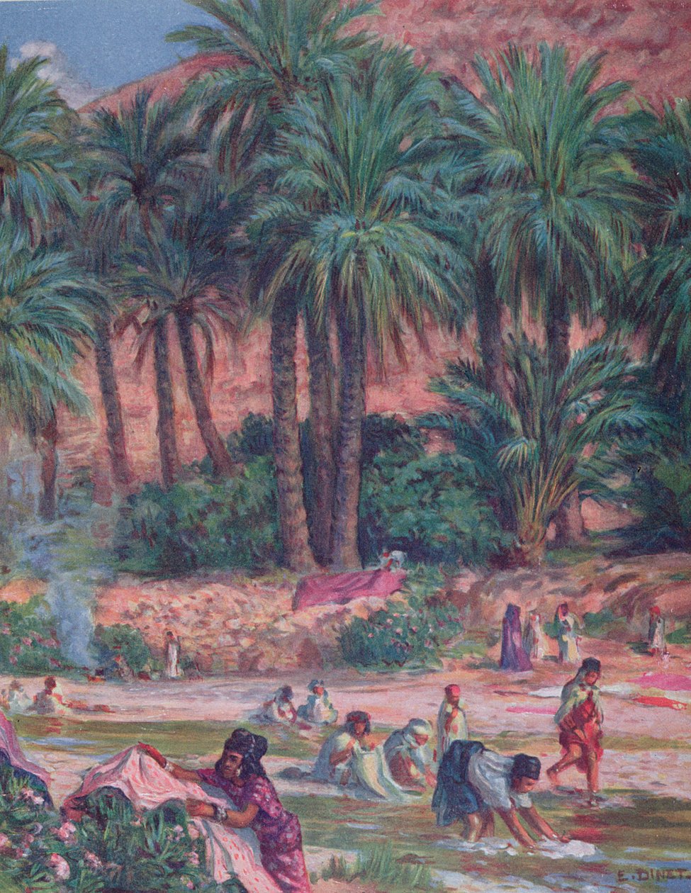 Palmuja. Profeetta Muhammed siunasi palmun Koraanissa. Värillinen litografia, 1918. af Alphonse Etienne Dinet