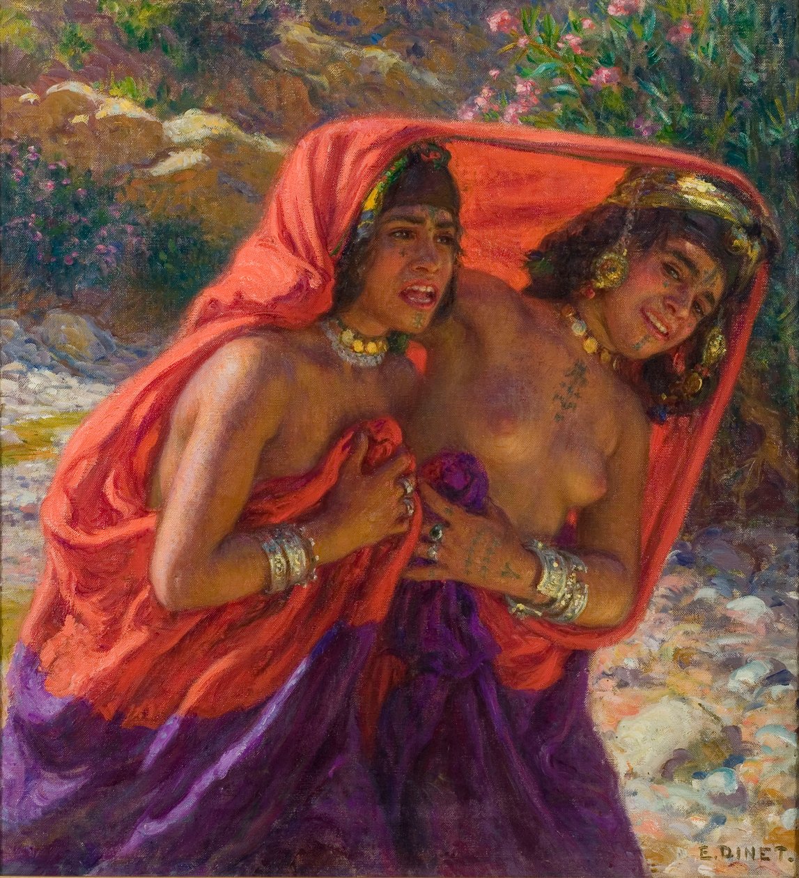 De skræmte Badegæster; La Fuite des Baigneuses (olie på lærred) af Alphonse Etienne Dinet