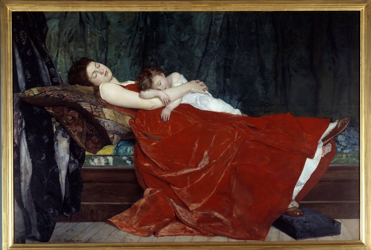 Sovende Kvinde og barn sovende. Maleri af Alphonse Lecadre (1842-1875) 1872 Nantes, Musee des Beaux Arts af Alphonse Eugene Felix Lecadre