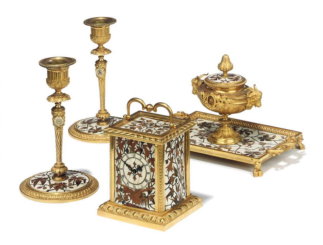 Napoleon III firedelt skrivebordssæt, intarsia af Duvinage og Harinckouk, ca. 1877 af Alphonse Gustave Giroux