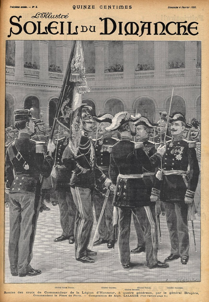 Præsentation af hæderslegionens kommandantkors til fire generaler (Gosse Dubois, general Colonna, general Toulza, general Dalstein) af general Brugere. Indgravering af Lalauze til en af "Le Soleil-du-Dimanche" i februar 1900. af Alphonse Lalauze