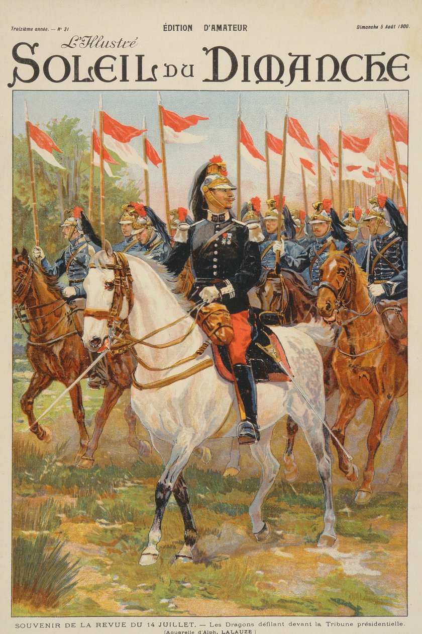 Gennemgang af den 14. juli, Dragon-regimentet paraderende foran præsidentens stand, illustration fra forsiden af 
