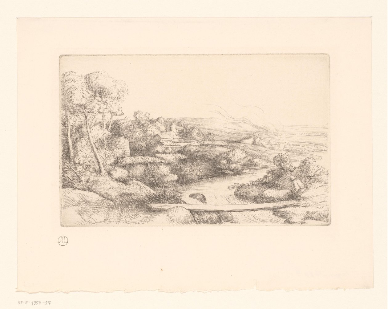Landskab med planke over en flod la passerelle af Alphonse Legros (attributed to)