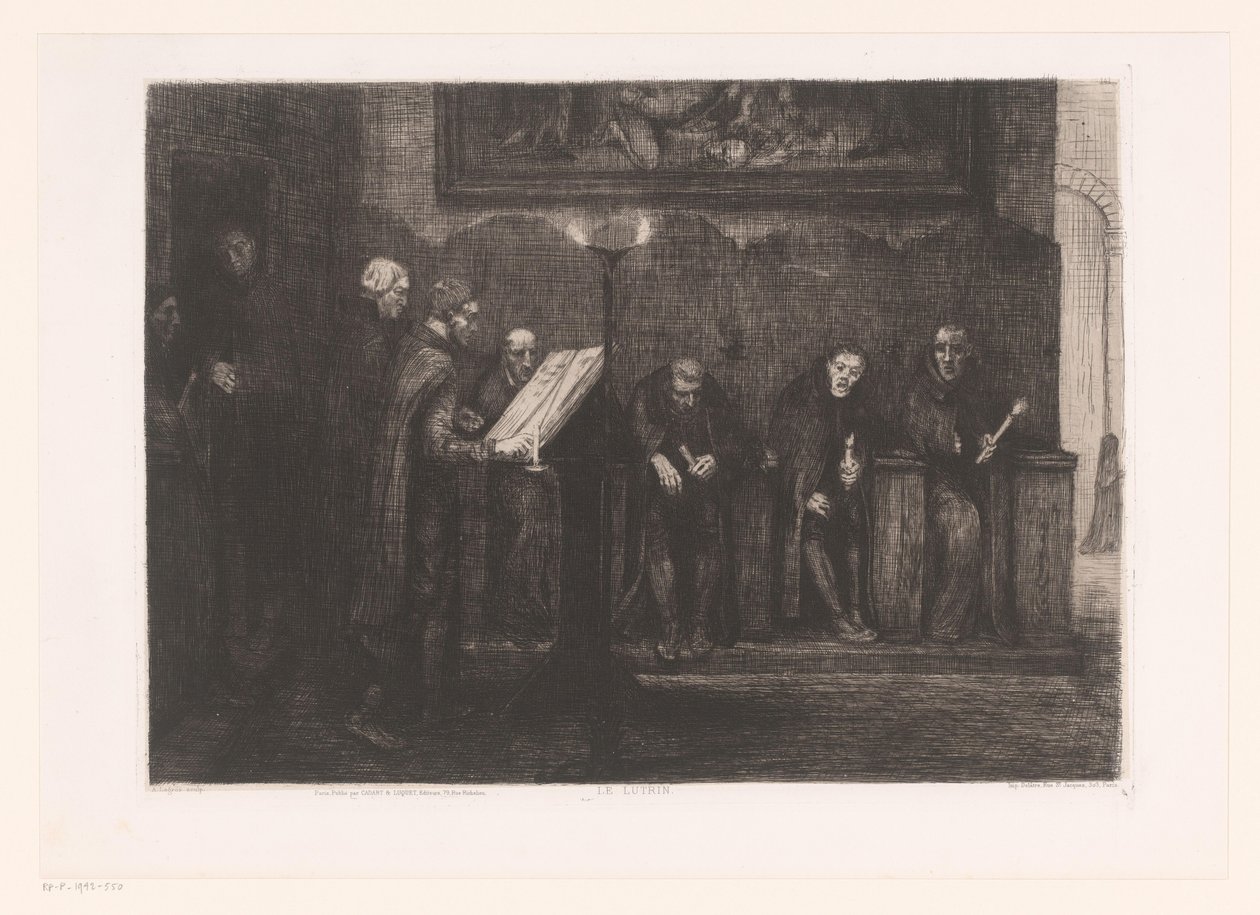 Otte mand omkring en talerstol Le lutrin (titel på objekt) af Alphonse Legros