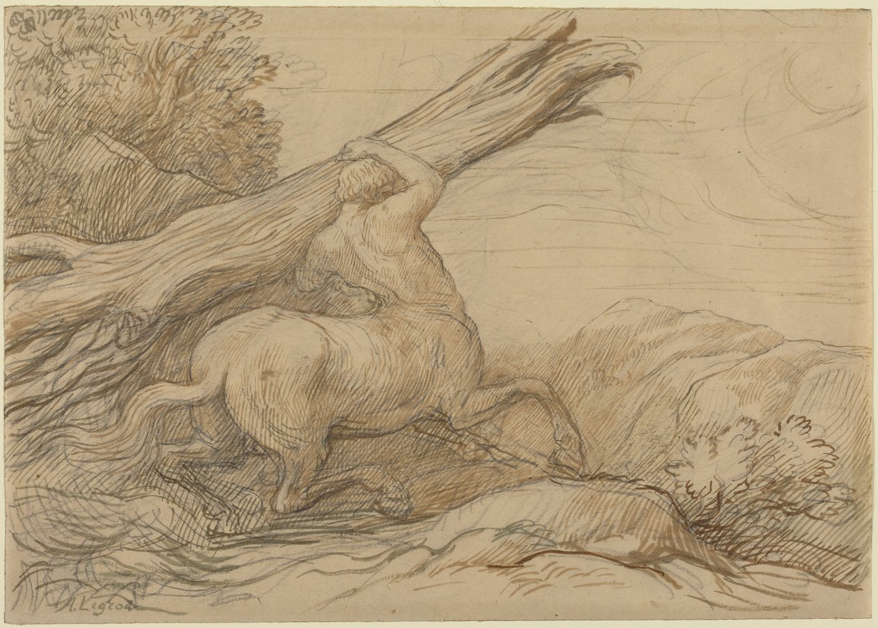 Kentaur bærer en træstamme (brunt og grønt blæk over grafit) af Alphonse Legros
