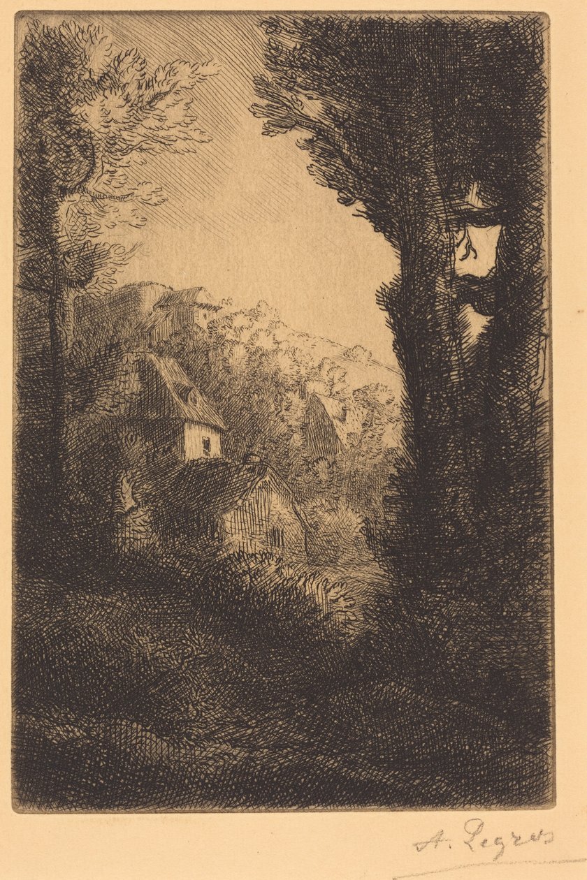 Gård på en solrig skråning (Gården på skråningen; Solvirkning på skråningen) af Alphonse Legros