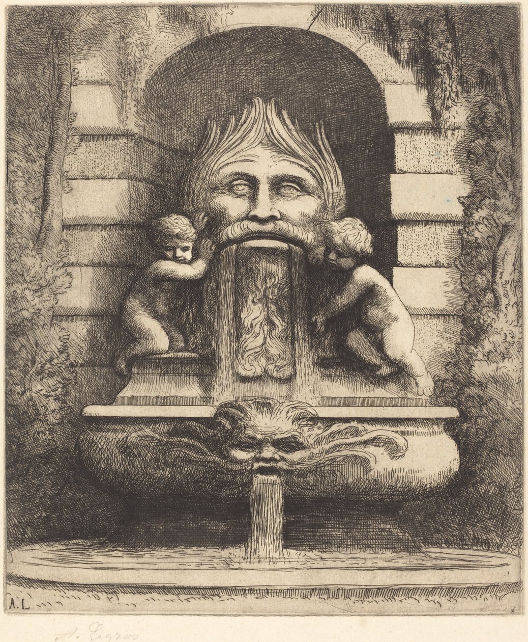 Springvand: Grotesk, børn og bassin af Alphonse Legros