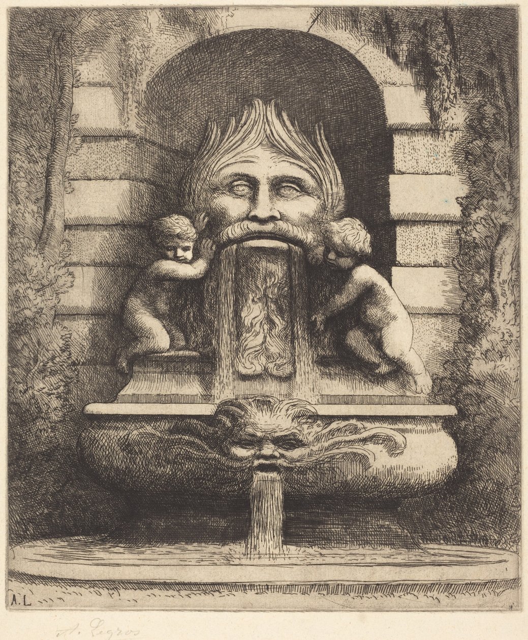 Springvand: Grotesk, børn og bassin (Et springvand: Maske, børn og bassin) af Alphonse Legros