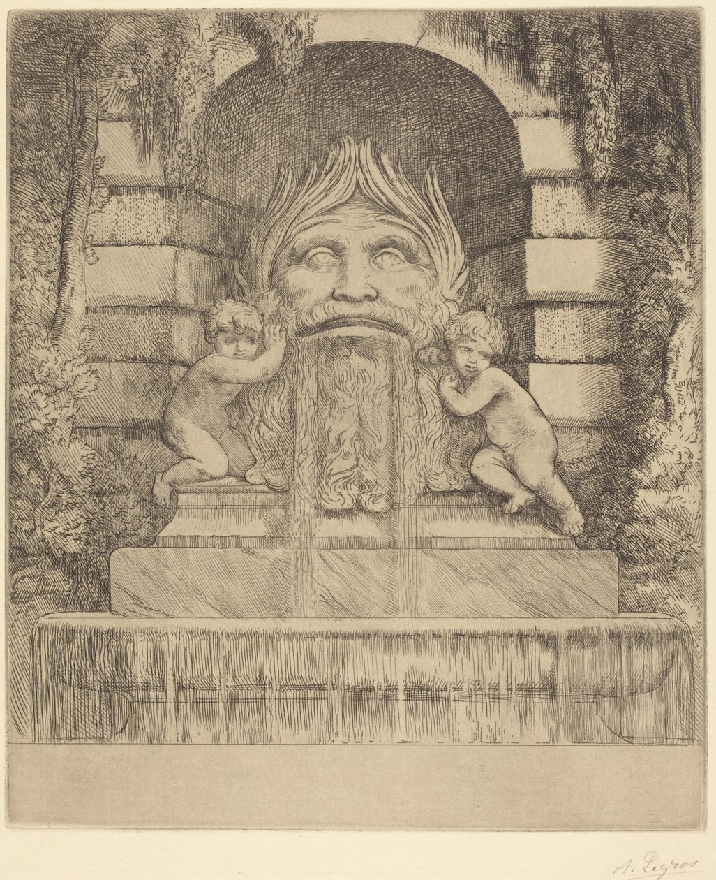 Springvand: Grotesk, børn og bassin (Et springvand: Maske, børn og bassin) af Alphonse Legros