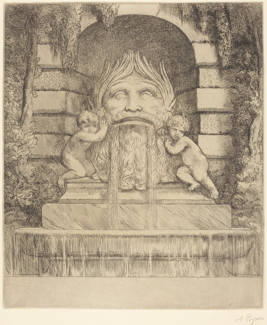 Fontæne: grotesk maske, børn og bassin af Alphonse Legros
