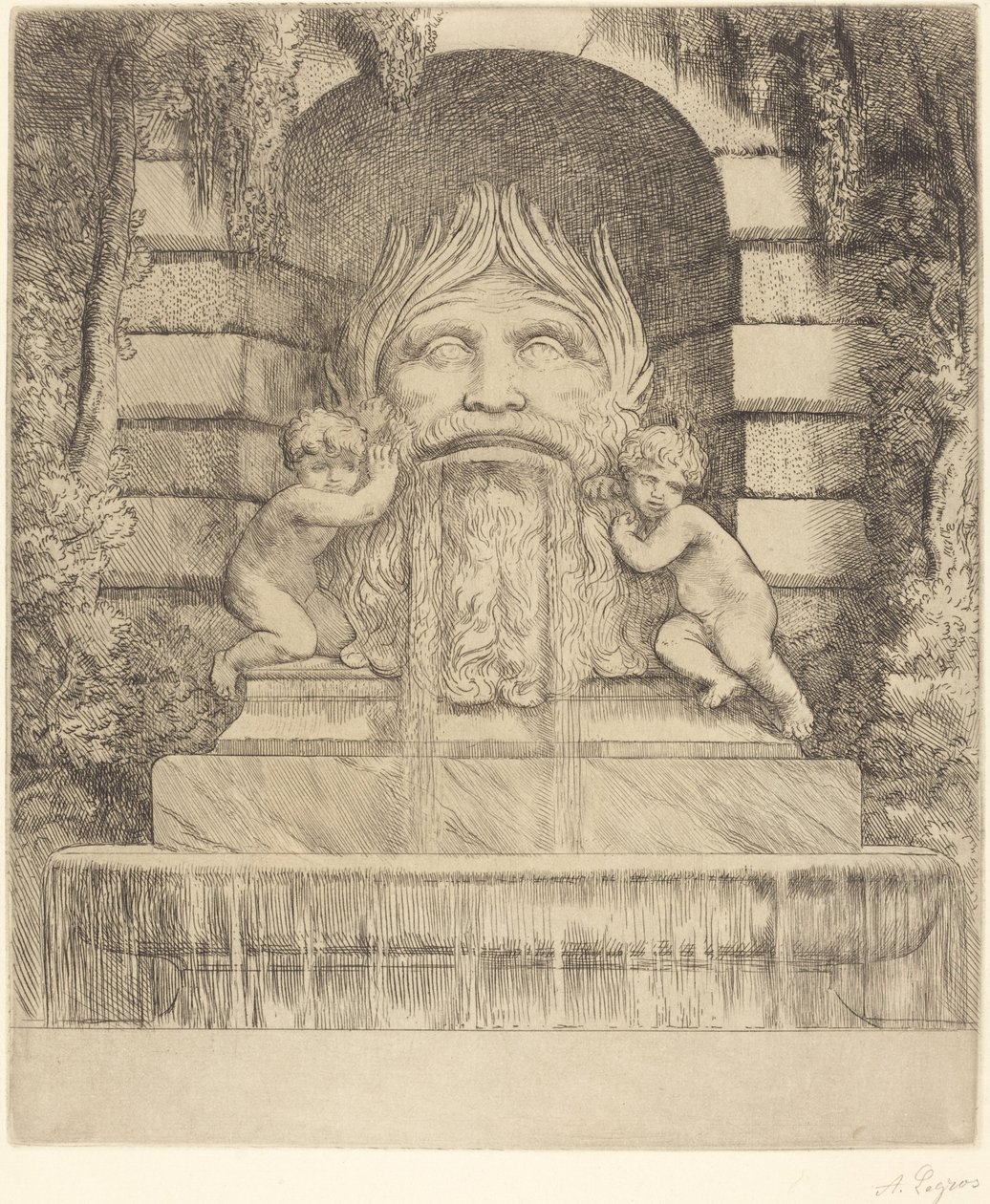 Springvand: Grotesk, børn og bassin Une springvand: Masque, enfants et bassin. af Alphonse Legros