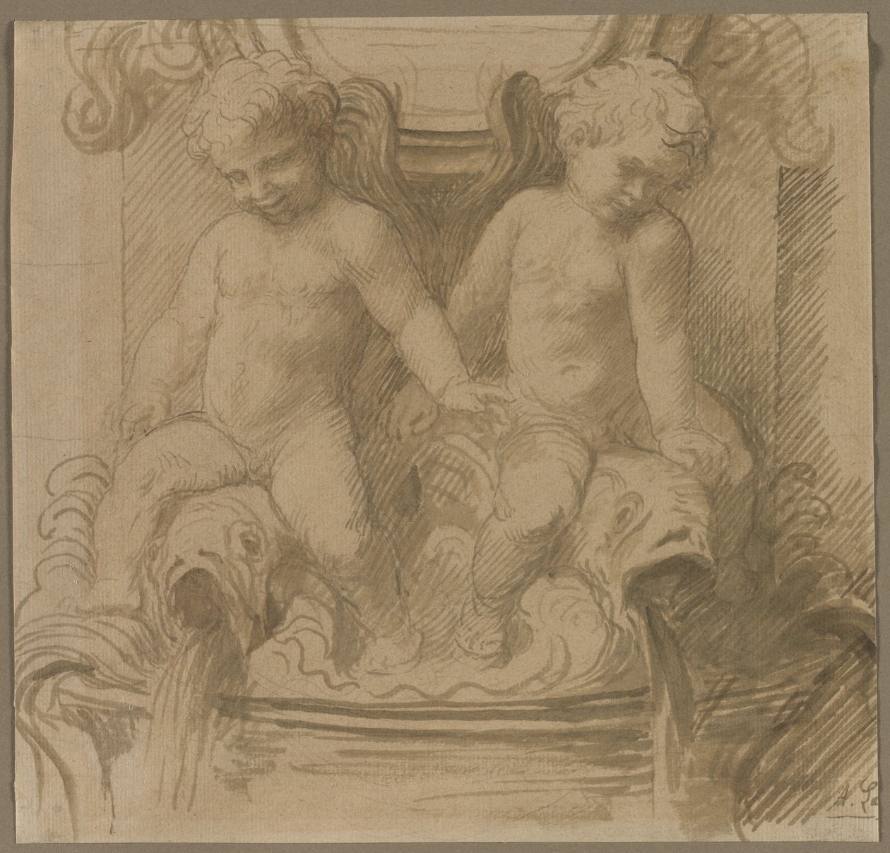 Springvand med Putti Riding Delfiner af Alphonse Legros