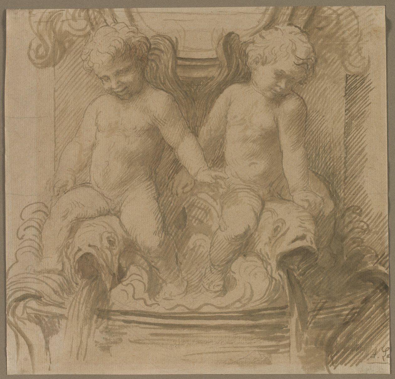 Springvand med Putti Riding Dolphins, sidste halvdel af 1800-tallet. af Alphonse Legros