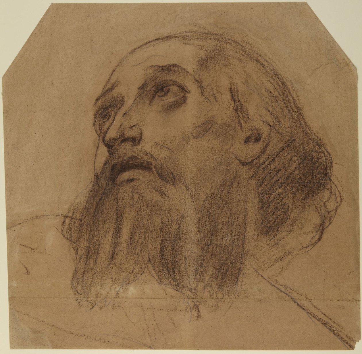 Hovedet af en skægget helgen, der ser op af Alphonse Legros