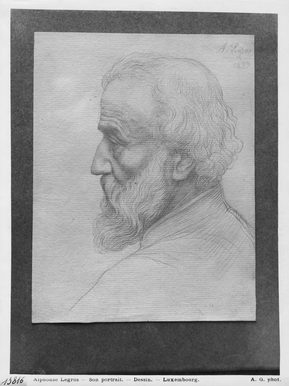 Hoved af en gammel mand med langt hår, 1899 (sølvspids på papir) af Alphonse Legros