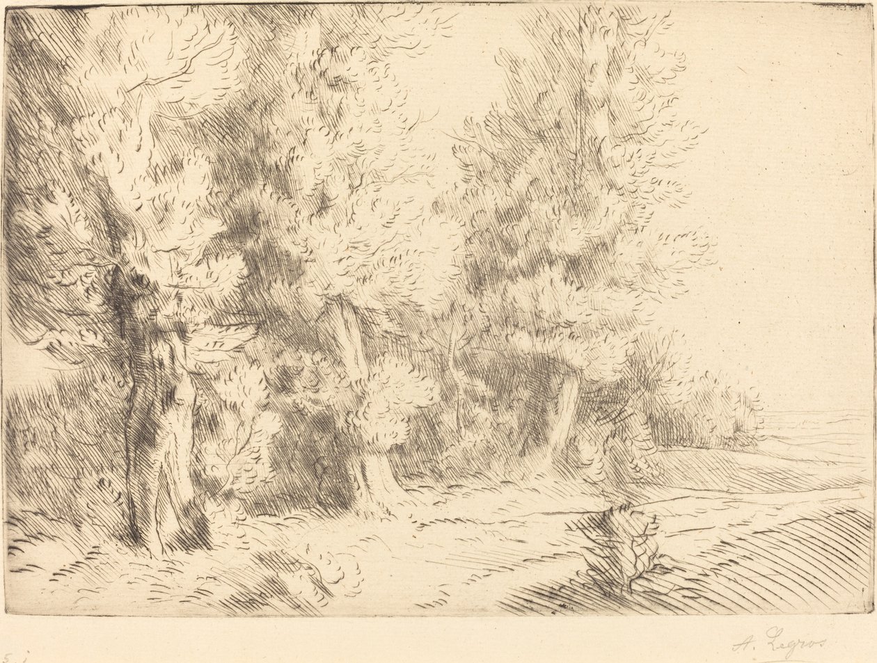I skoven Fontainebleau Dans la foret de Fontainebleau. af Alphonse Legros
