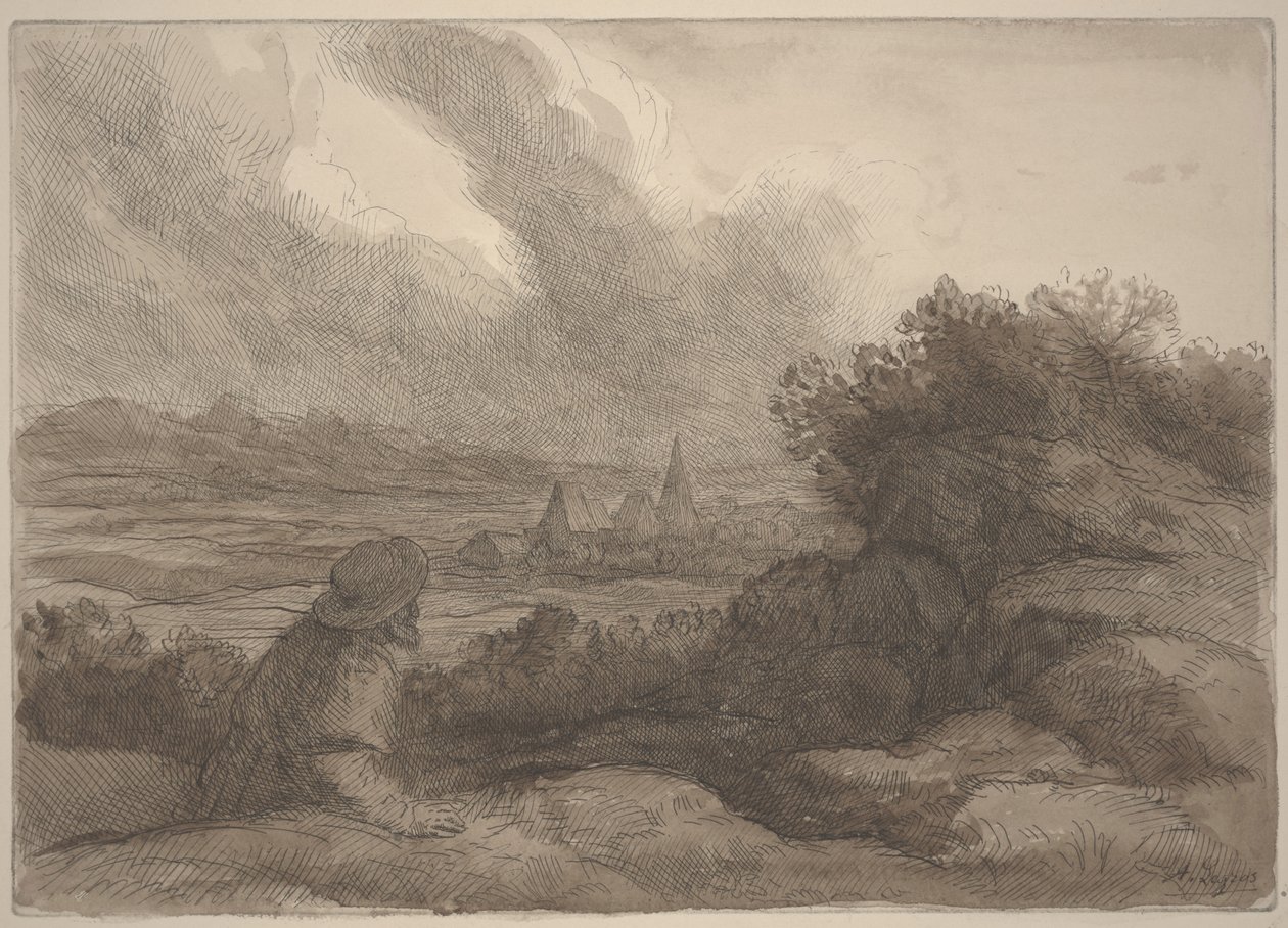 Landskab (ætsning med sepia vask) af Alphonse Legros