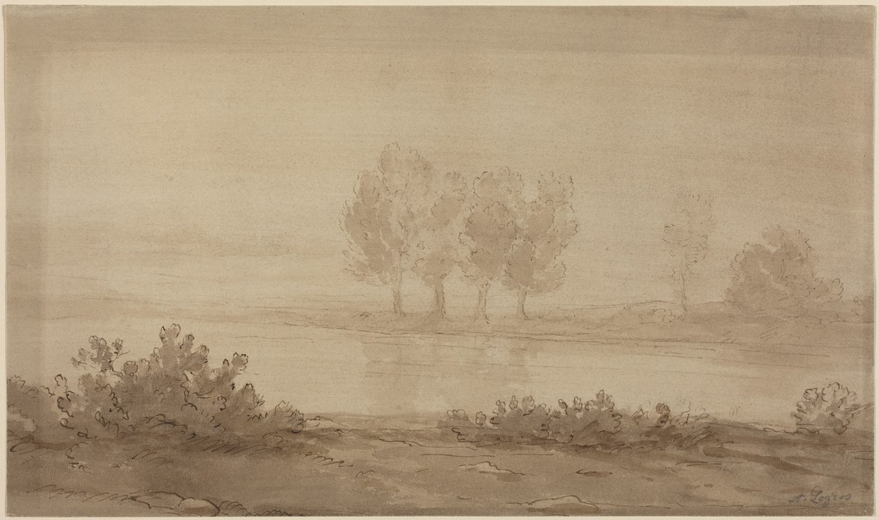 Landskab - fire træer på den anden side af en flod af Alphonse Legros
