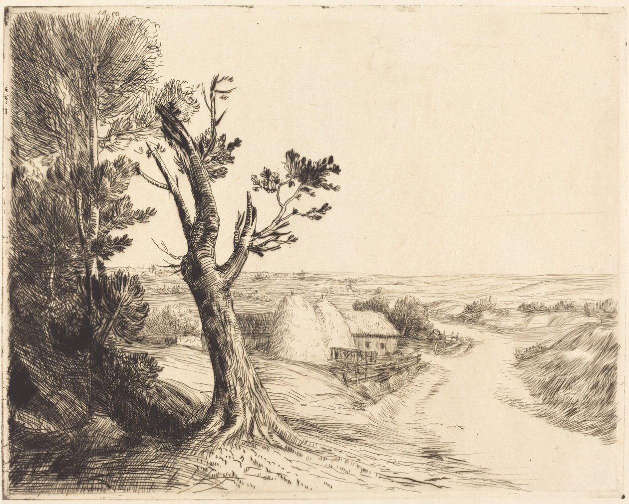 Landskab med høstakke (Le paysage aux meules) af Alphonse Legros