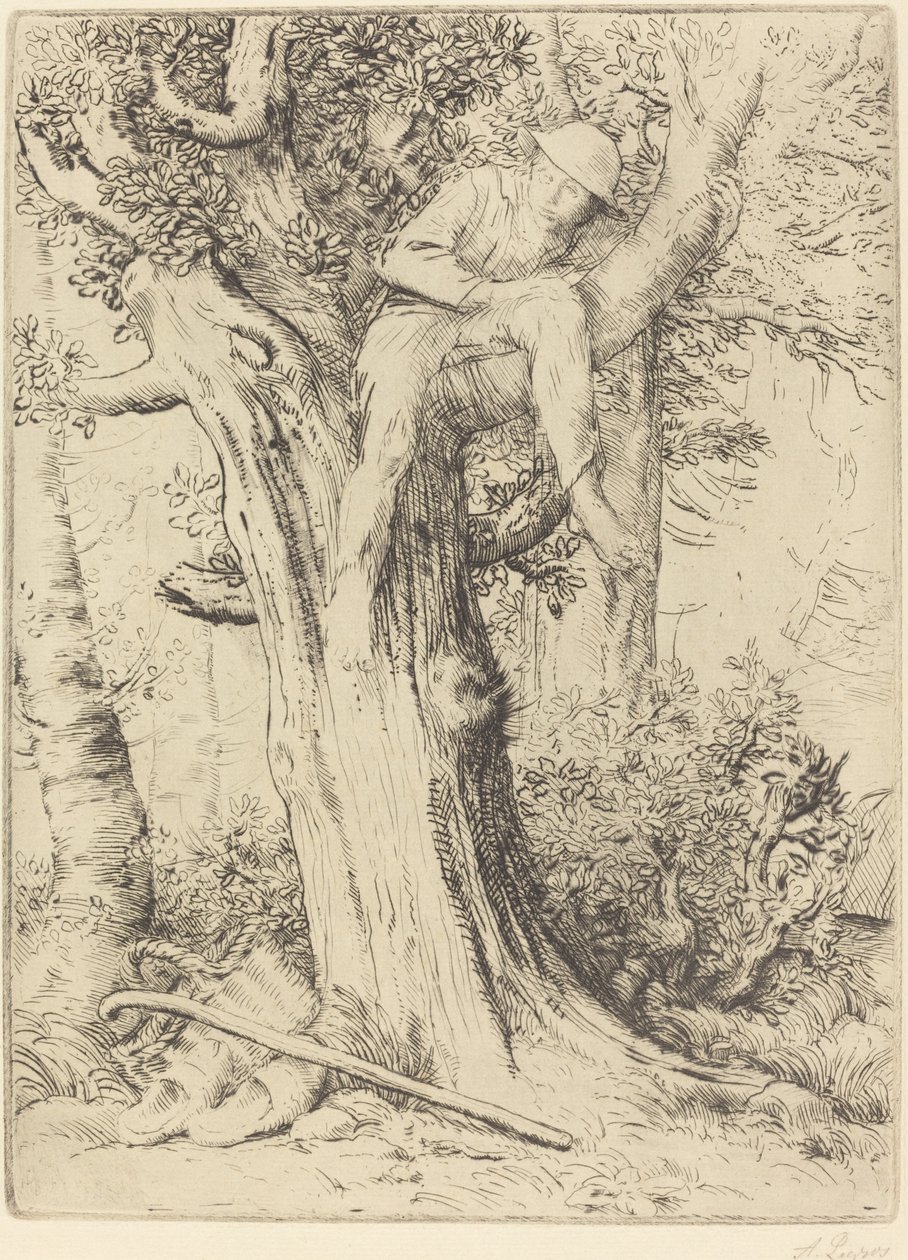 Landskab med en dreng i et træ af Alphonse Legros