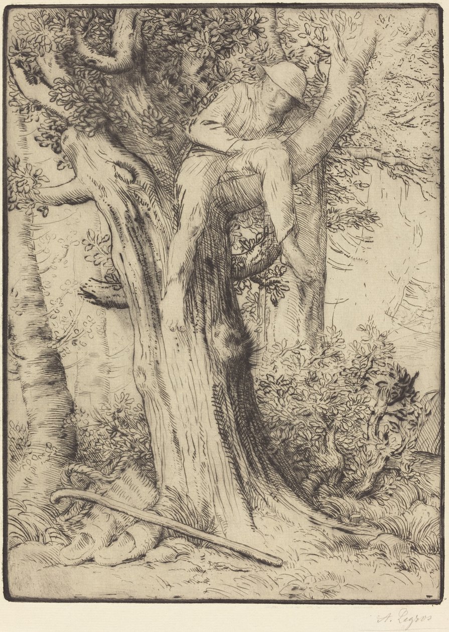 Landskab med en dreng i et træ af Alphonse Legros