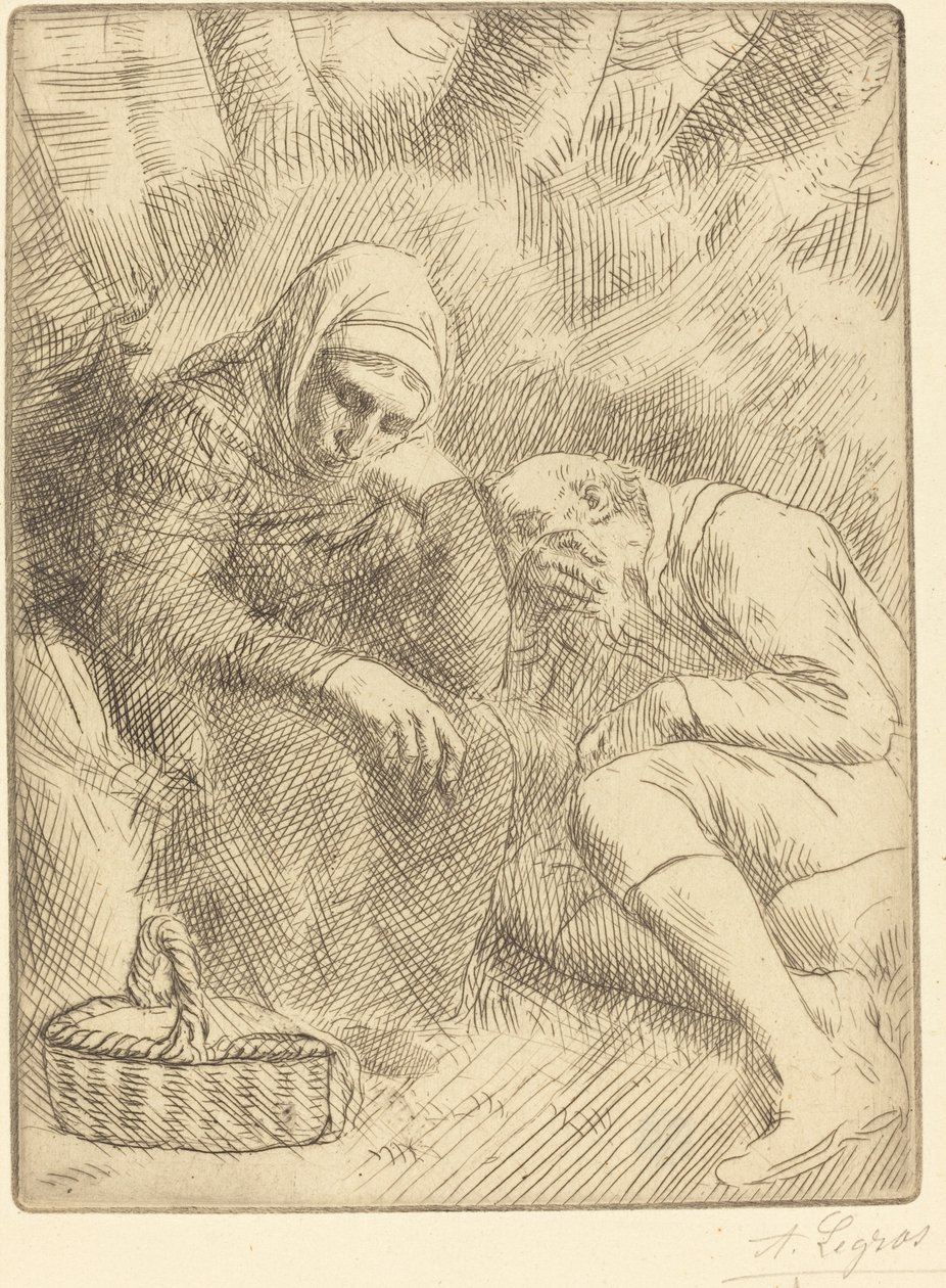 Mand og kone siddende ved vejen med en kurv af Alphonse Legros
