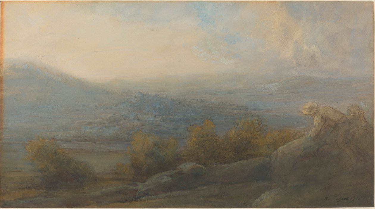 Bjerglandskab med to figurer til højre af Alphonse Legros