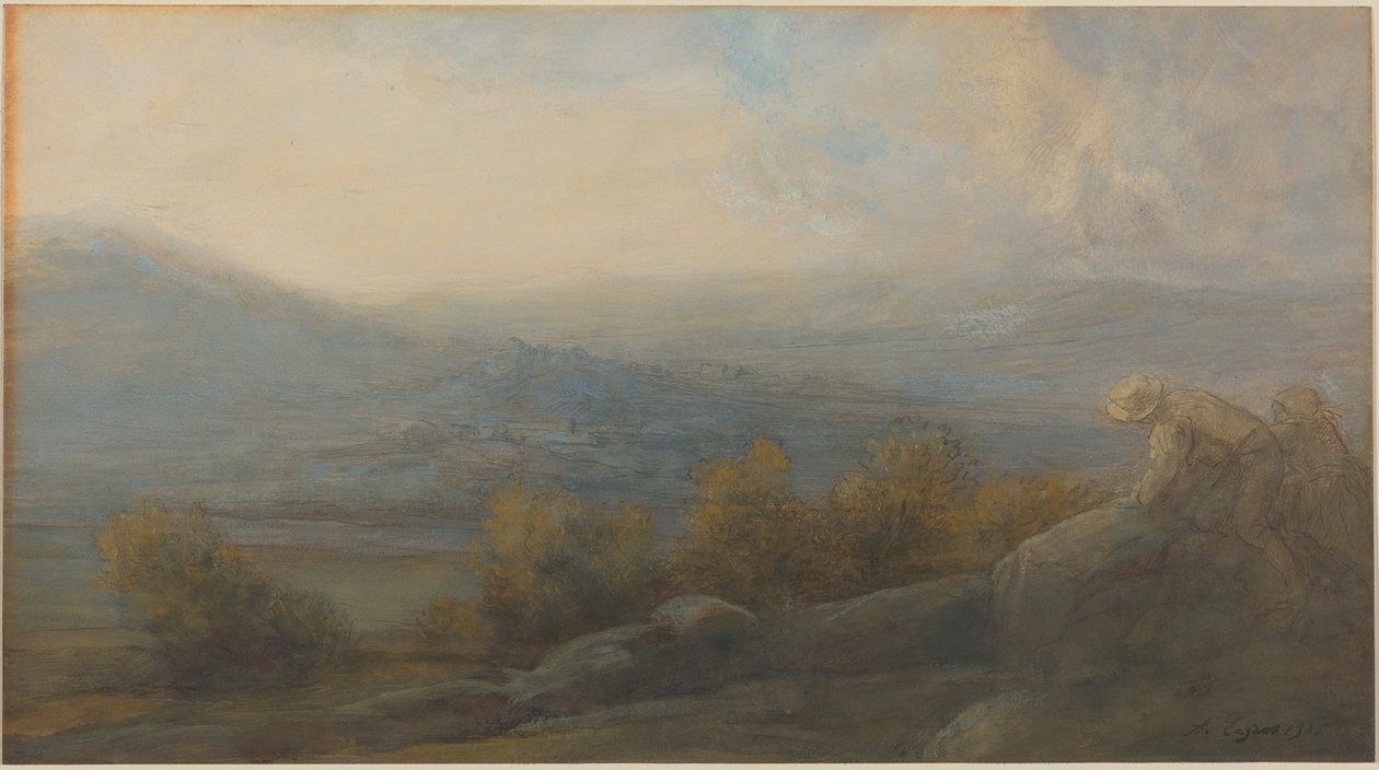 Bjerglandskab med to figurer til højre af Alphonse Legros