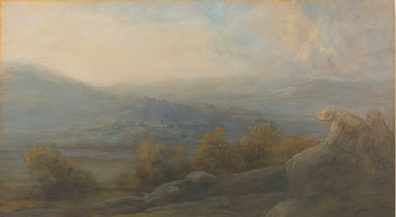 Bjerglandskab med to figurer til højre, 1905. af Alphonse Legros