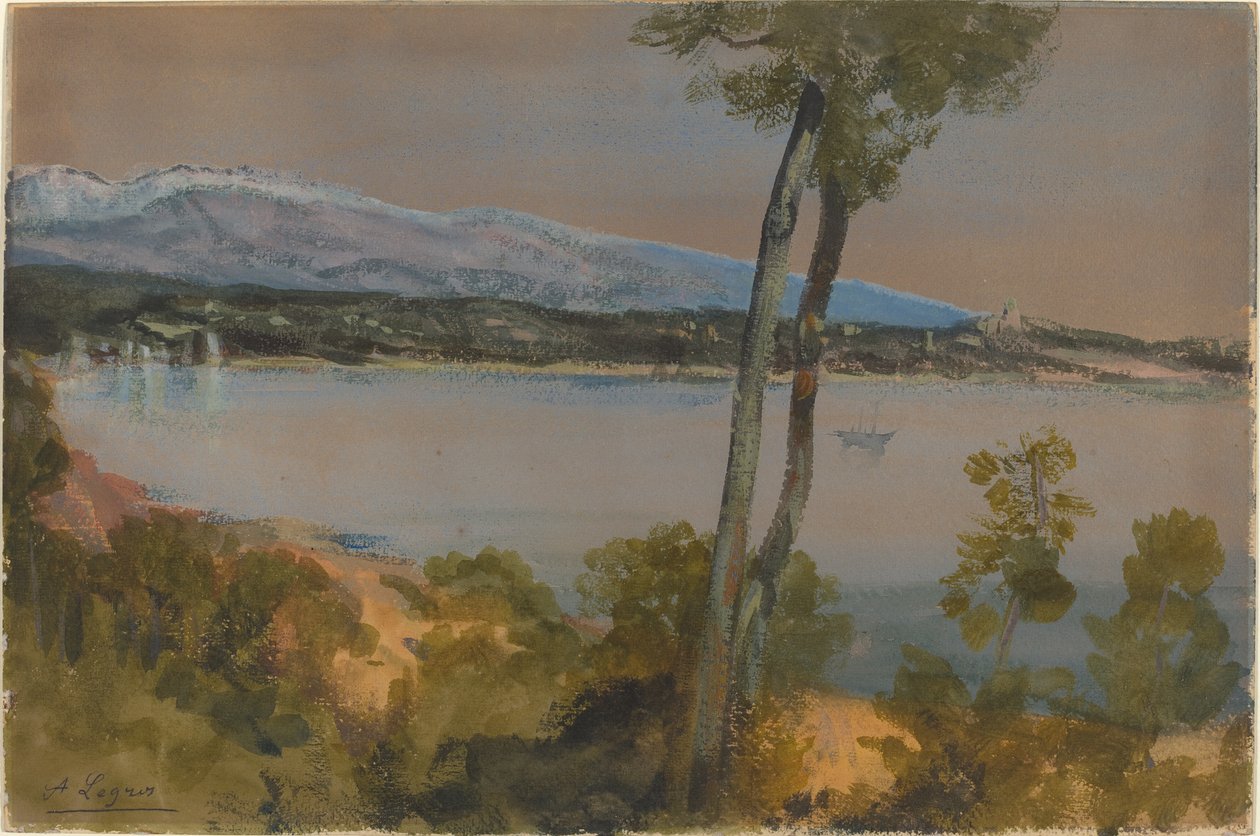Bjerge set ud over en sø. af Alphonse Legros