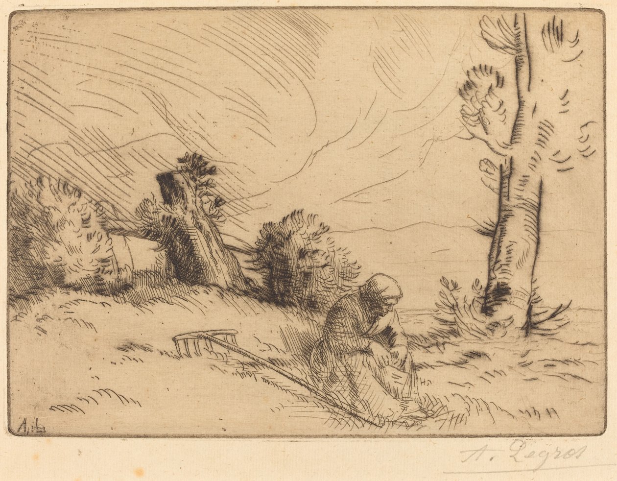 Bondekvinde siddende nær en hæk af Alphonse Legros
