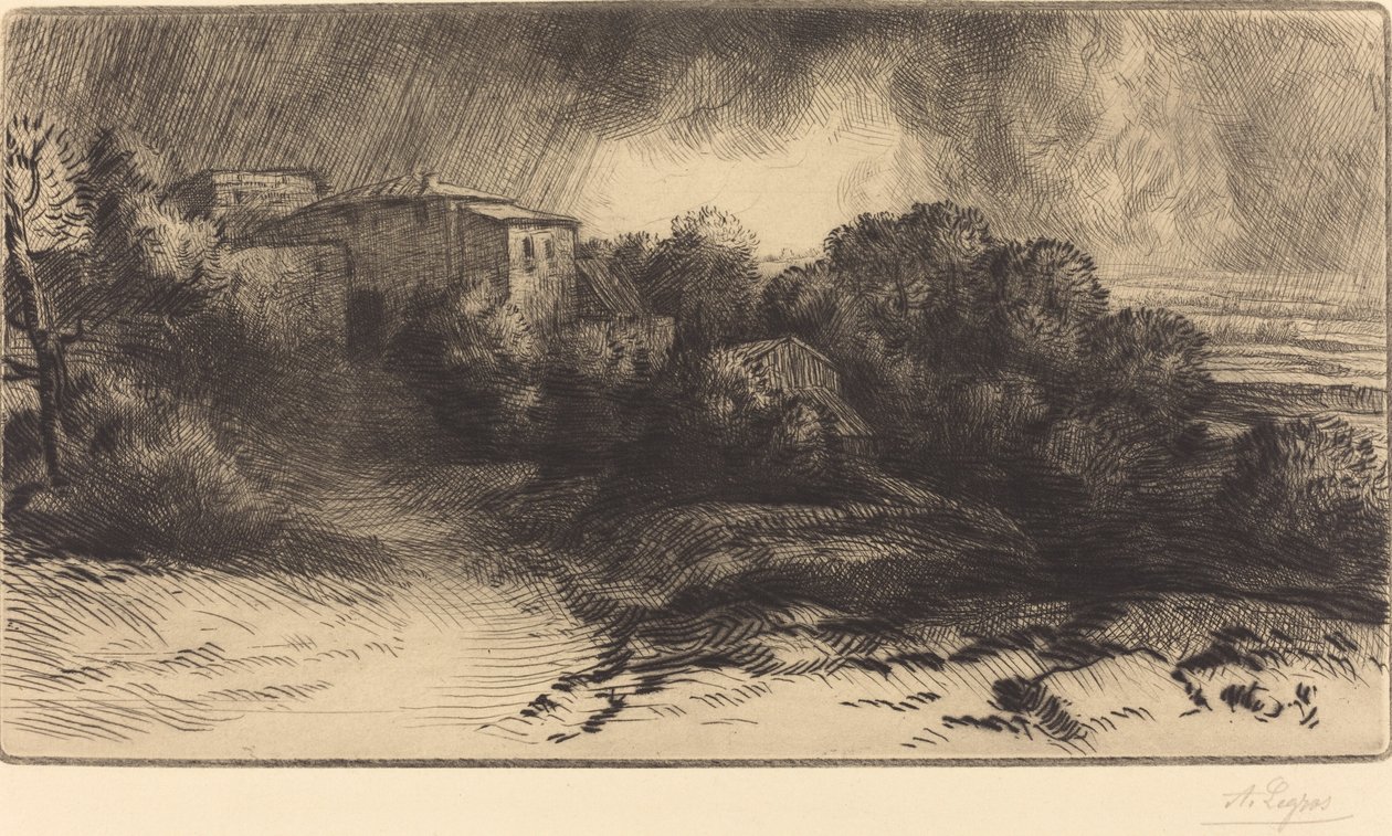 Udsigt over en gård set i en storm La ferme de Brieux Stormeffekt. af Alphonse Legros