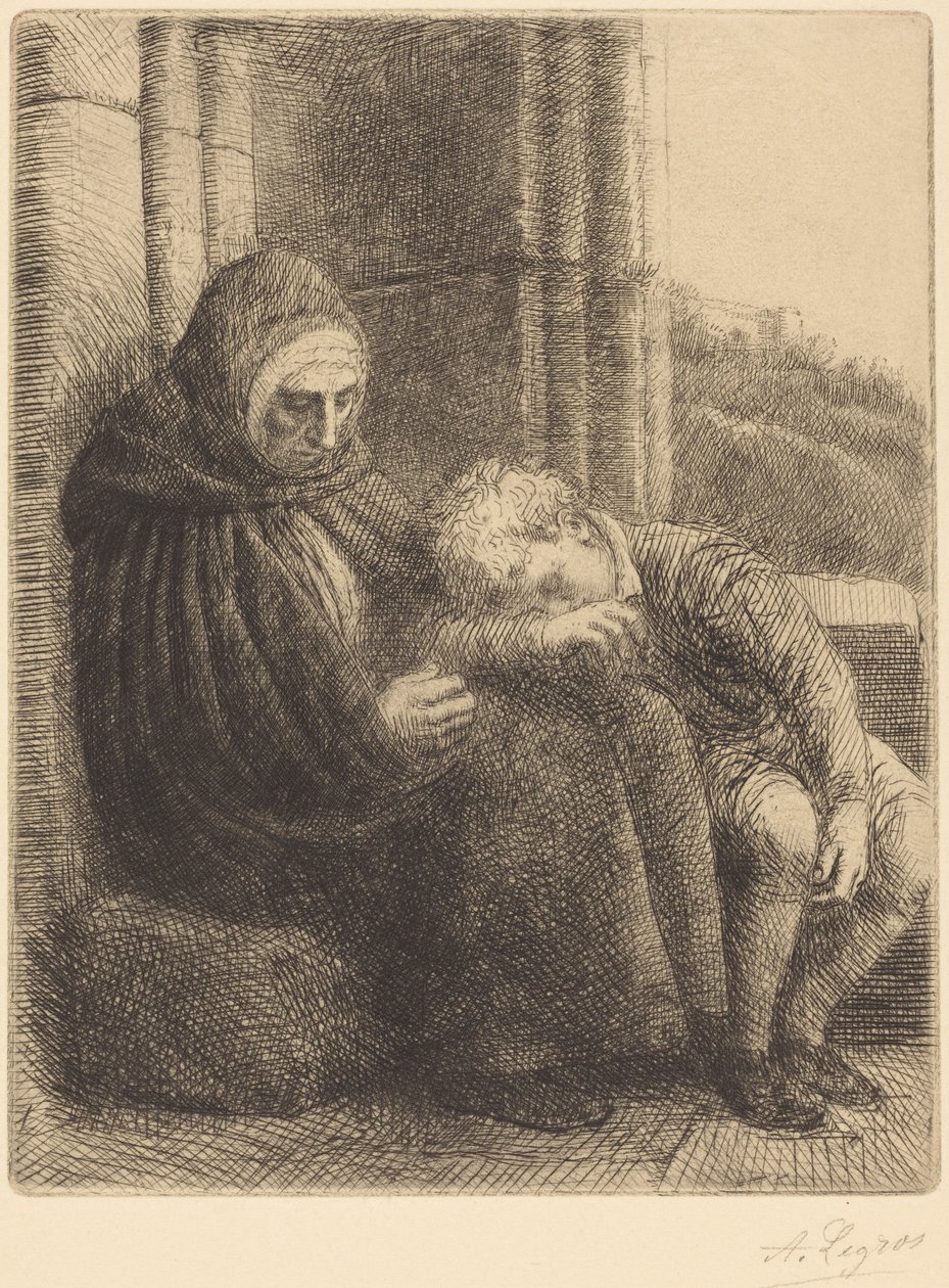 Kvinde siddende med ryggen mod en mur, barn med hovedet i hendes skød (Kvinde siddende, mur i baggrunden, barn med hovedet i hendes skød) af Alphonse Legros