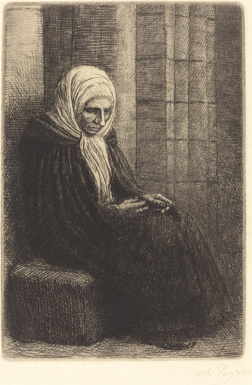 Kvinde siddende mod en væg, barn med hovedet i skødet Femme assis, muraille au fond.... af Alphonse Legros