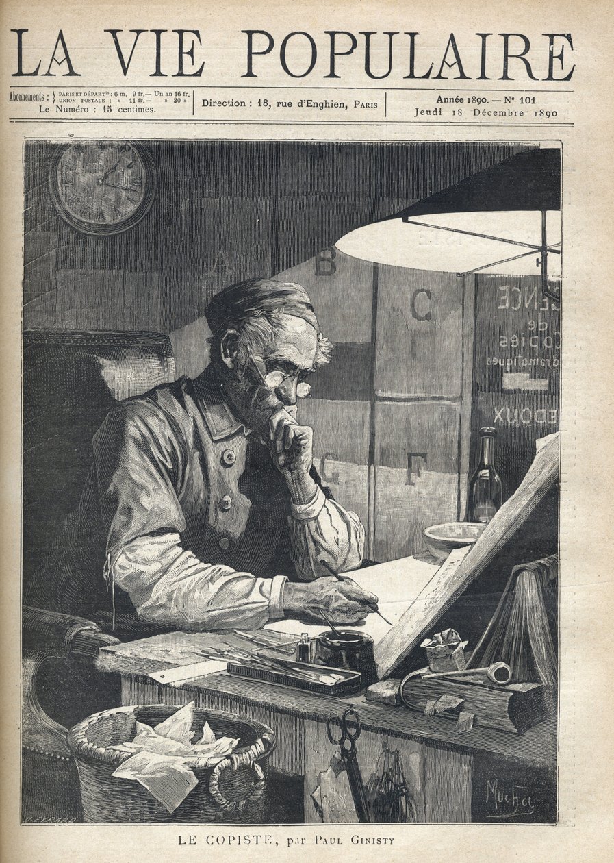 En koncentreret kopist, der arbejder på sit kontor. Illustration af Alfons Maria Mucha (Alphonse Marie Mucha af Alphonse Mucha