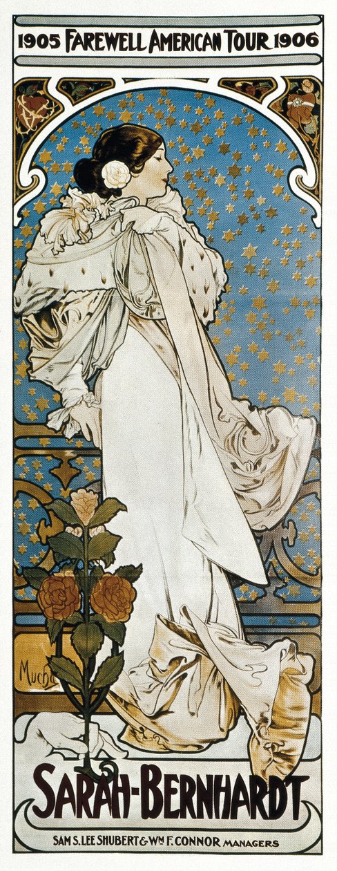 En plakat til Sarah Bernhardts Farvel American Tour af Alphonse Marie Mucha